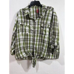 Apple Bottoms Women Green Plaid Button Up Western Shirt Long Roll Tap Sleeve 3XL